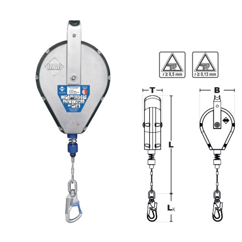 Страхувальний пристрій втягуючого типу IKAR в алюмінієвому корпусі з оцинкованим тросом 30м H 33