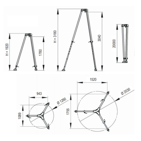 Тринога алюмінієва телескопічна IKAR діаметр 1260-2030мм 300кг DB-A2 XL